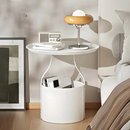 Minimalist Round Tray-Top Metallic Small Nightstand