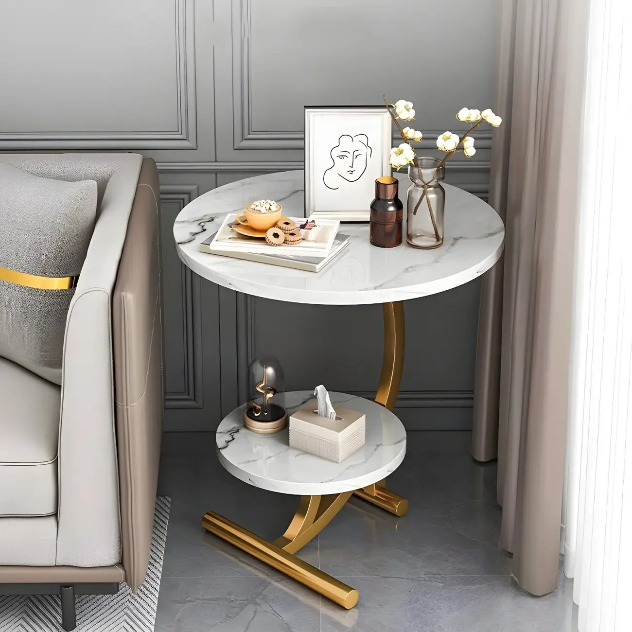 Modern Metal Frame Elegant Round Double Layer Nightstands