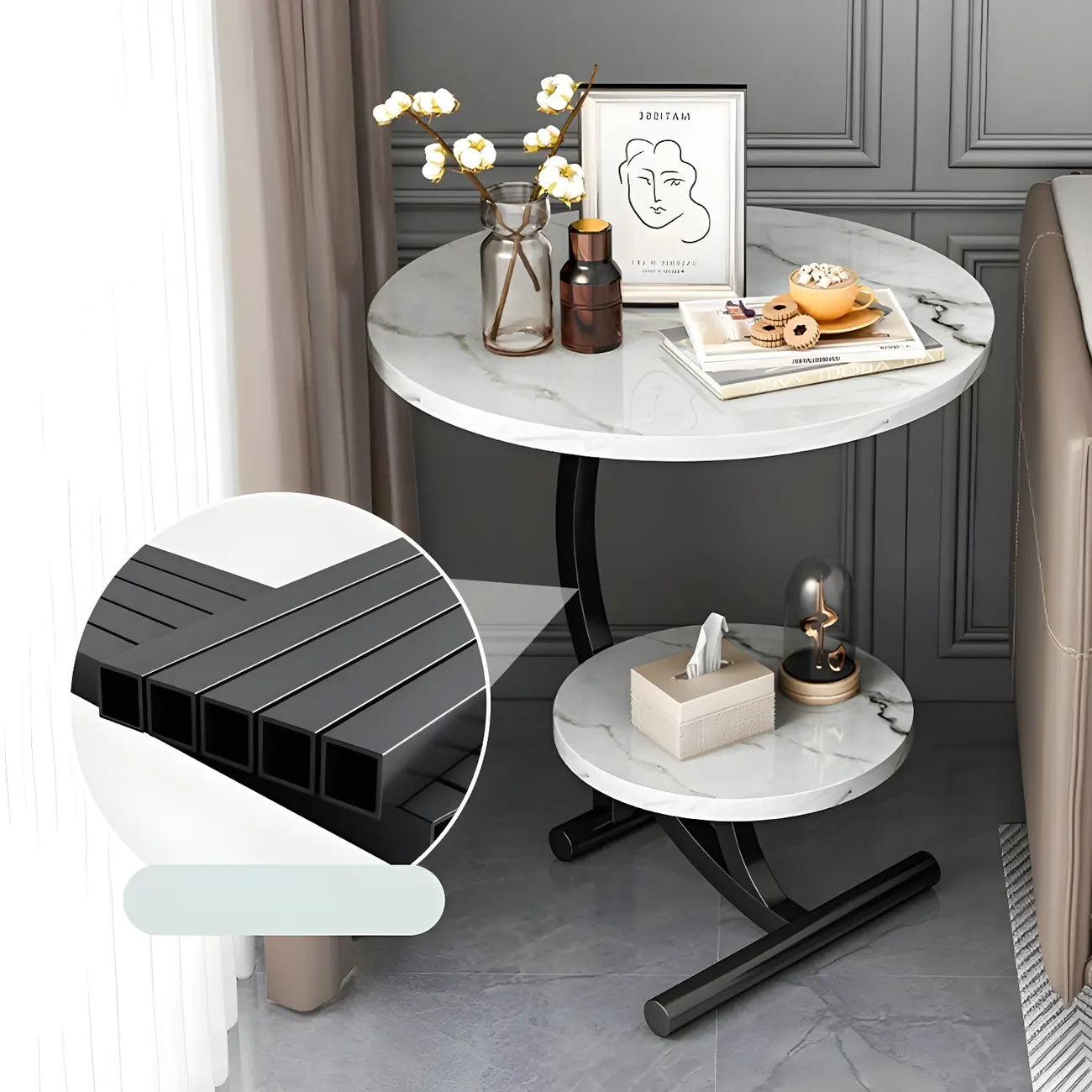 Modern Metal Frame Elegant Round Double Layer Nightstands