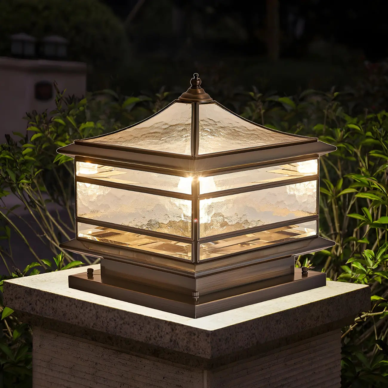 Brass Square Metal Glass Palace-Shape Wired Post Cap Light