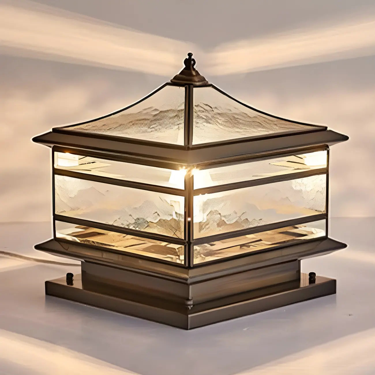 Brass Square Metal Glass Palace-Shape Wired Post Cap Light