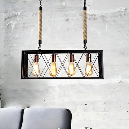 Industrial 4-Light Rectangle Black Metal Pendant Light