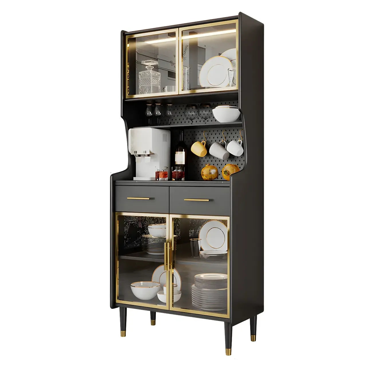 Kitchen Black Wood Dining Hutch Cabinet with Glass Doors