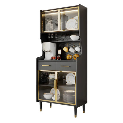 Kitchen Black Wood Dining Hutch Cabinet with Glass Doors