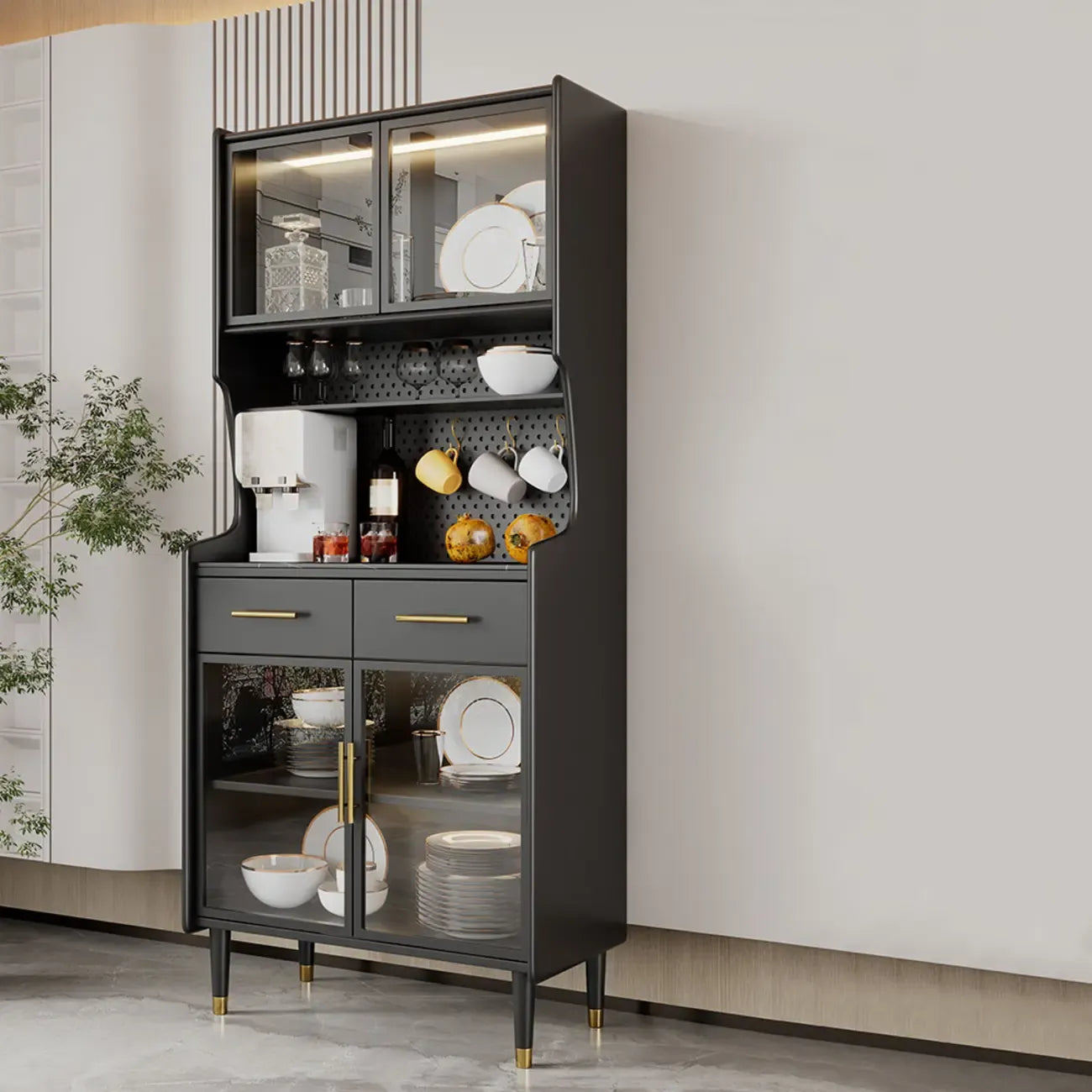 Kitchen Black Wood Dining Hutch Cabinet with Glass Doors
