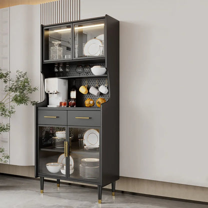 Kitchen Black Wood Dining Hutch Cabinet with Glass Doors