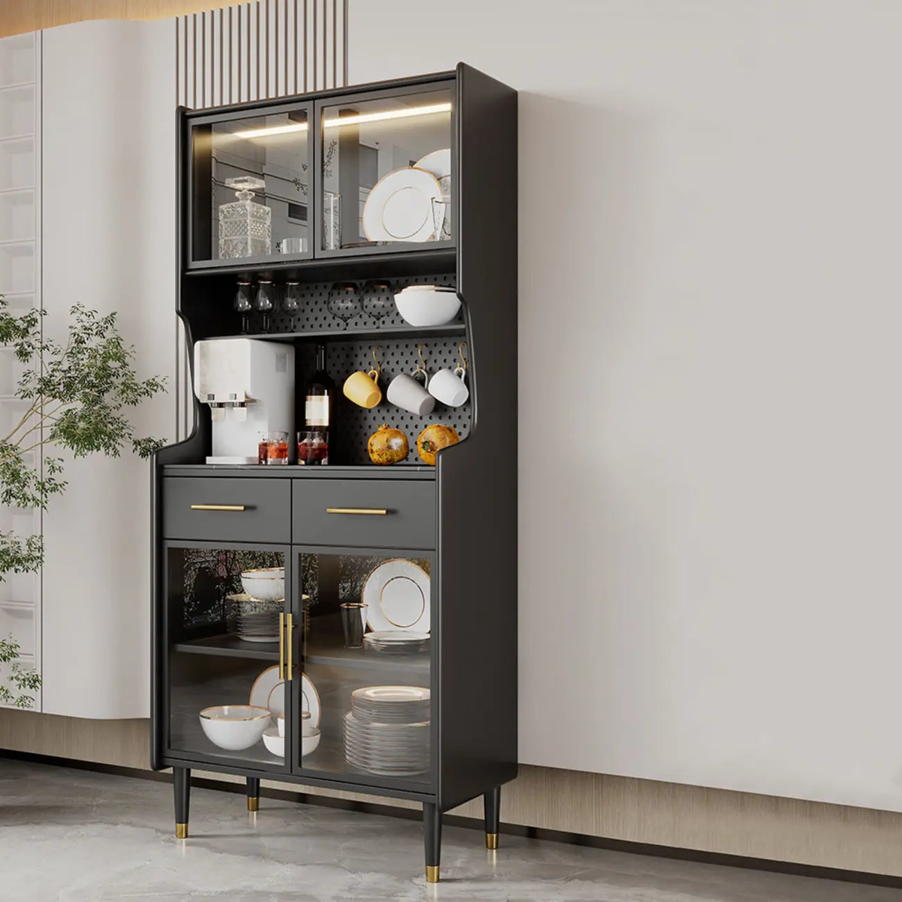 Kitchen Black Wood Dining Hutch Cabinet with Glass Doors
