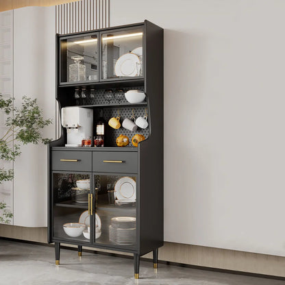Kitchen Black Wood Dining Hutch Cabinet with Glass Doors