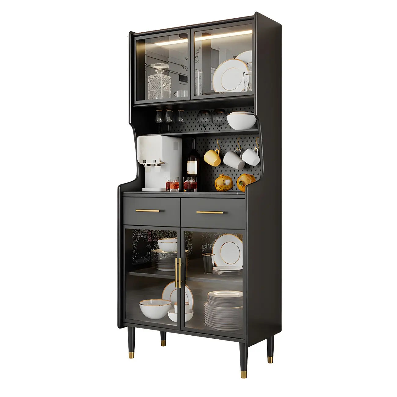 Kitchen Black Wood Dining Hutch Cabinet with Glass Doors