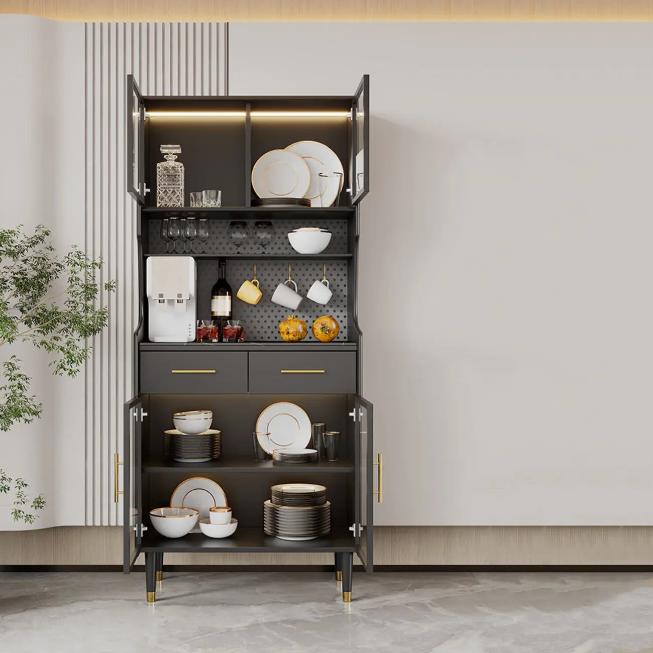 Kitchen Black Wood Dining Hutch Cabinet with Glass Doors