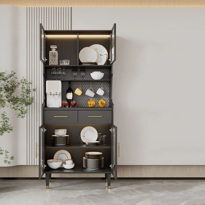 Kitchen Black Wood Dining Hutch Cabinet with Glass Doors