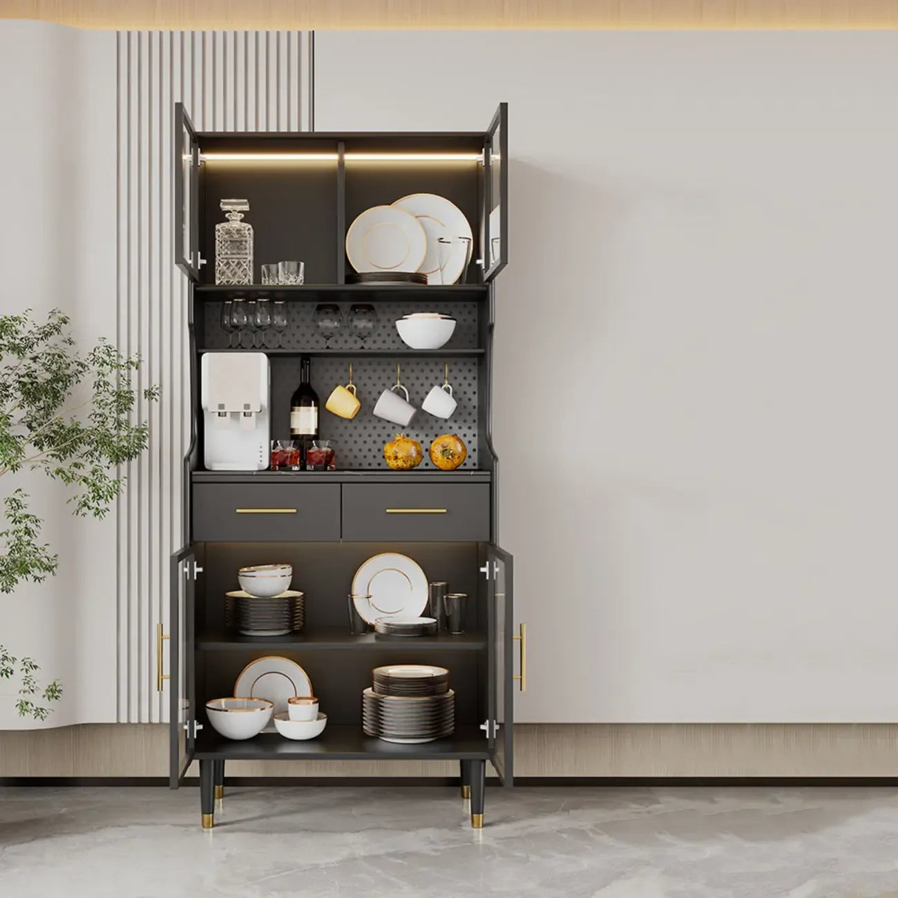 Kitchen Black Wood Dining Hutch Cabinet with Glass Doors