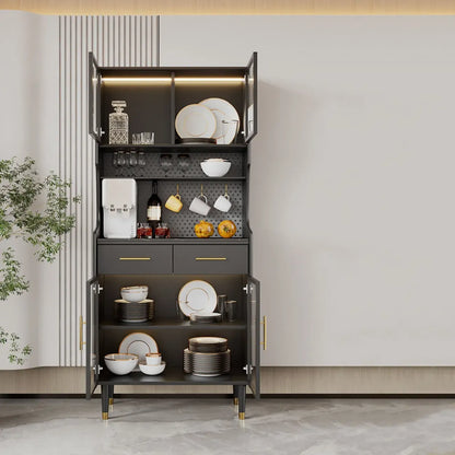 Kitchen Black Wood Dining Hutch Cabinet with Glass Doors