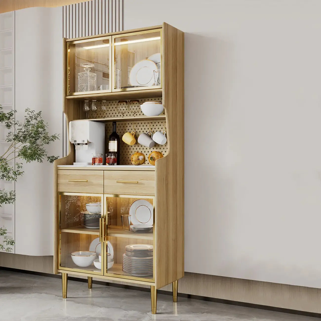 Kitchen Black Wood Dining Hutch Cabinet with Glass Doors