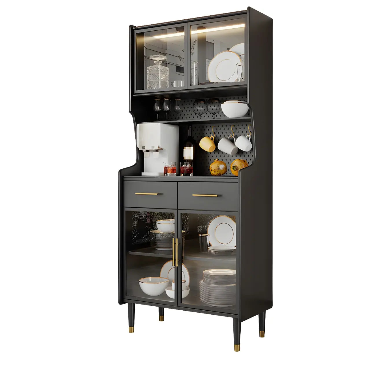 Kitchen Black Wood Dining Hutch Cabinet with Glass Doors