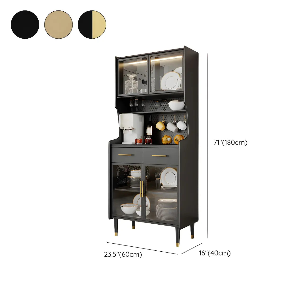 Kitchen Black Wood Dining Hutch Cabinet with Glass Doors