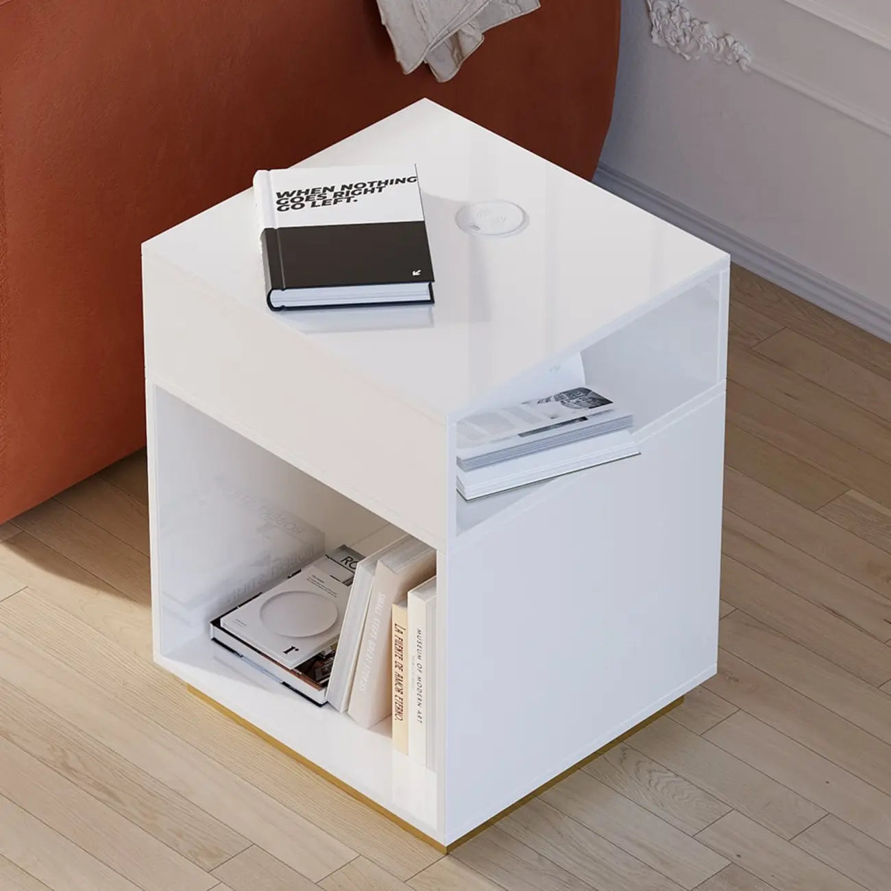 Compact White Wooden Cube Side Table with Open Shelf