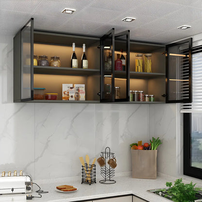 Grey Wood Floating Mount Glass Dooor Kitchen China Cabinet