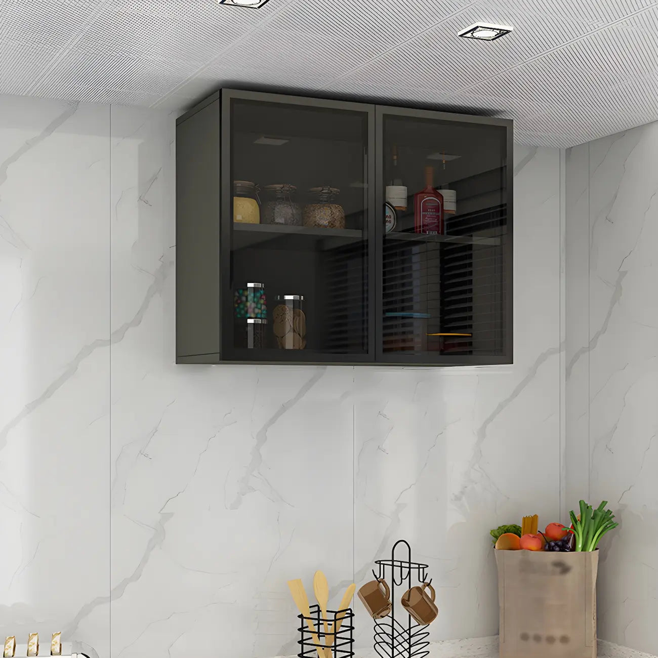 Grey Wood Floating Mount Glass Dooor Kitchen China Cabinet