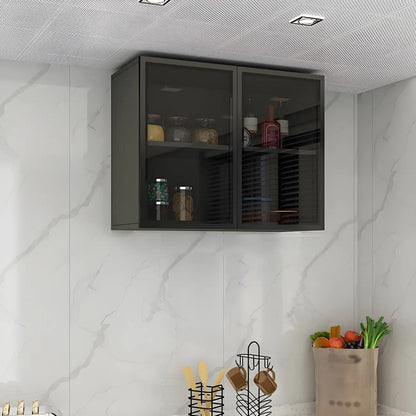 Grey Wood Floating Mount Glass Dooor Kitchen China Cabinet