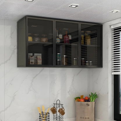 Grey Wood Floating Mount Glass Dooor Kitchen China Cabinet