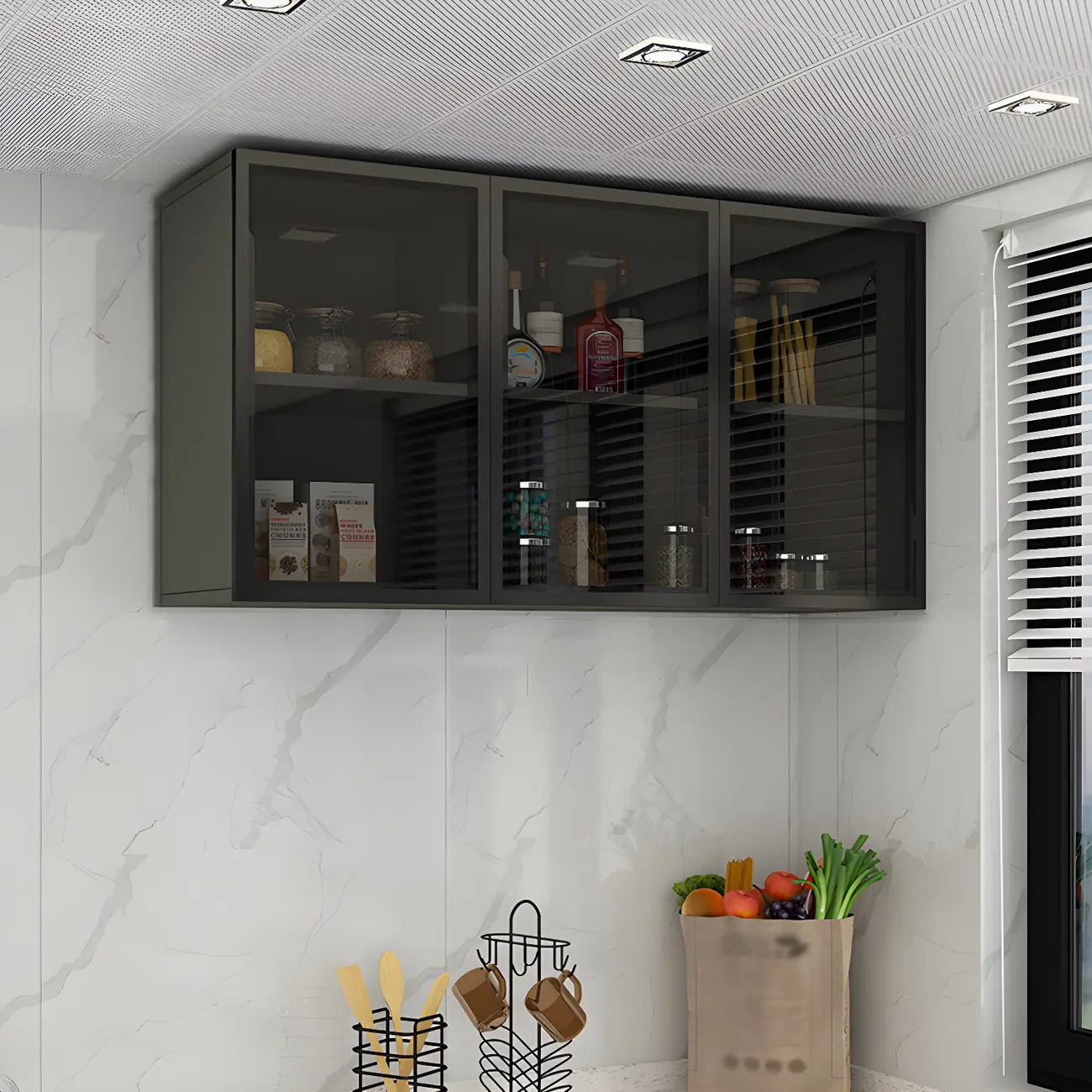 Grey Wood Floating Mount Glass Dooor Kitchen China Cabinet