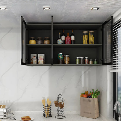 Grey Wood Floating Mount Glass Dooor Kitchen China Cabinet