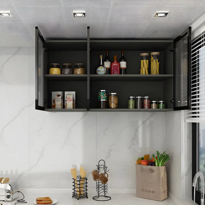 Grey Wood Floating Mount Glass Dooor Kitchen China Cabinet
