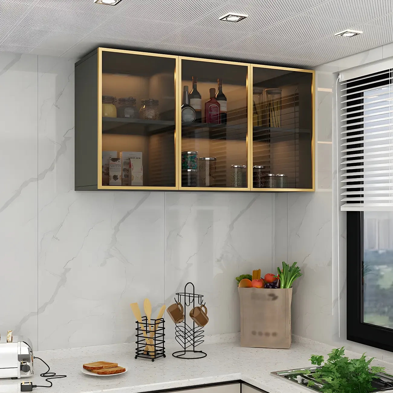 Grey Wood Floating Mount Glass Dooor Kitchen China Cabinet