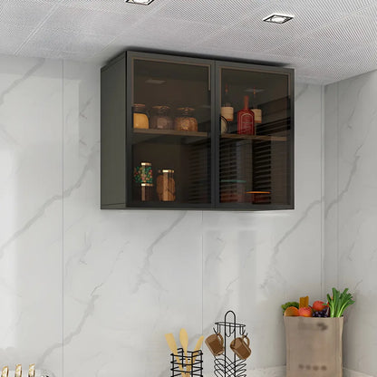 Grey Wood Floating Mount Glass Dooor Kitchen China Cabinet