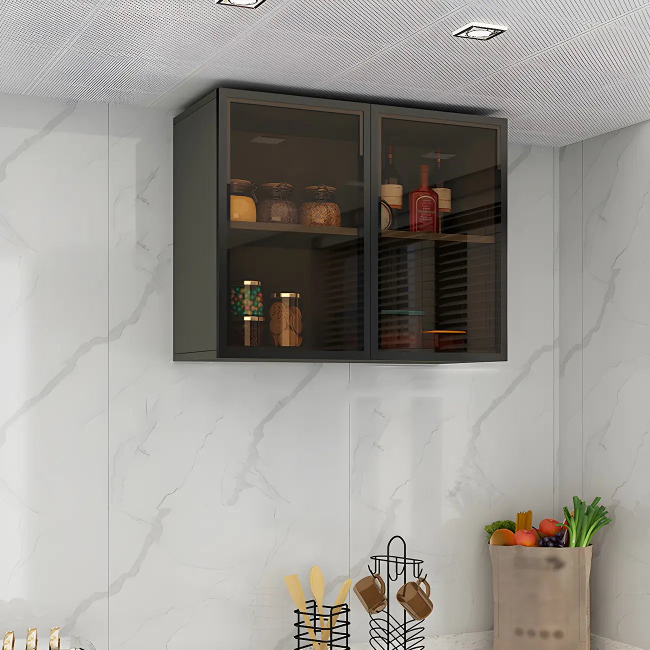 Grey Wood Floating Mount Glass Dooor Kitchen China Cabinet