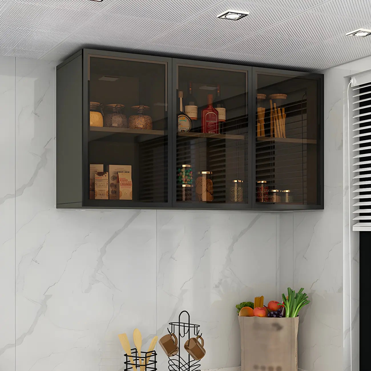 Grey Wood Floating Mount Glass Dooor Kitchen China Cabinet