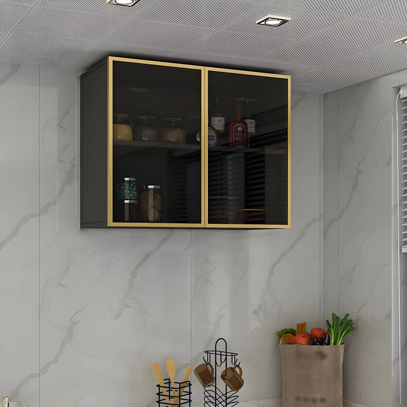 Grey Wood Floating Mount Glass Dooor Kitchen China Cabinet