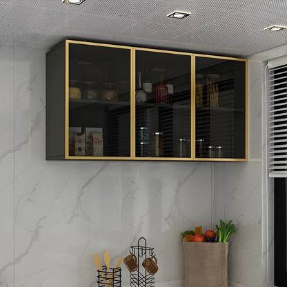 Grey Wood Floating Mount Glass Dooor Kitchen China Cabinet