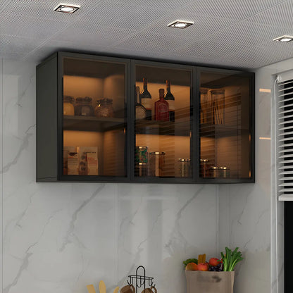 Grey Wood Floating Mount Glass Dooor Kitchen China Cabinet