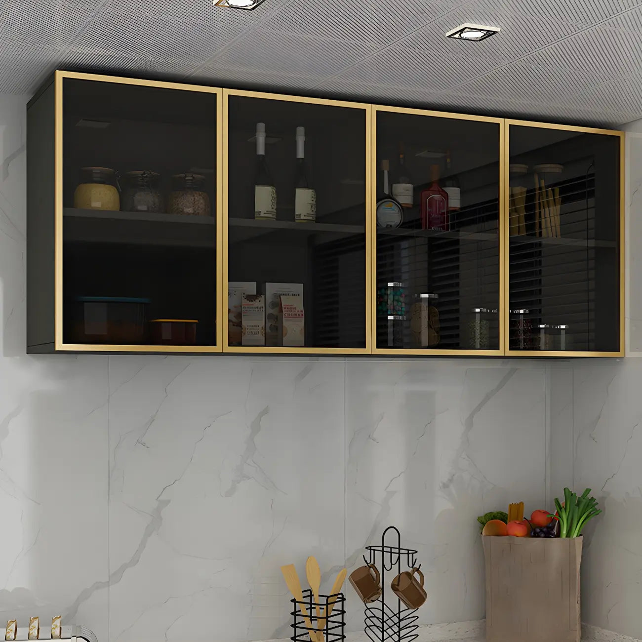 Grey Wood Floating Mount Glass Dooor Kitchen China Cabinet