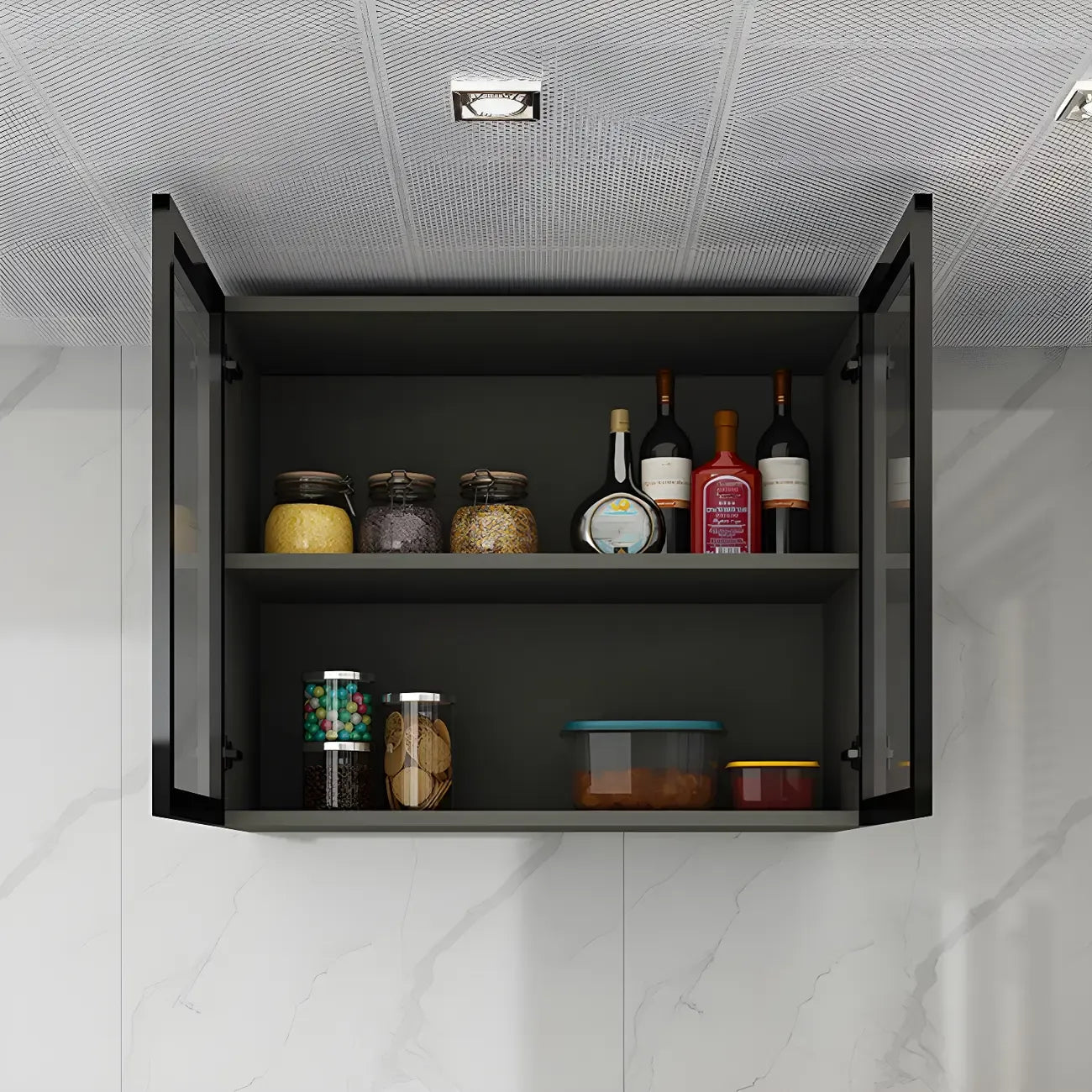 Grey Wood Floating Mount Glass Dooor Kitchen China Cabinet