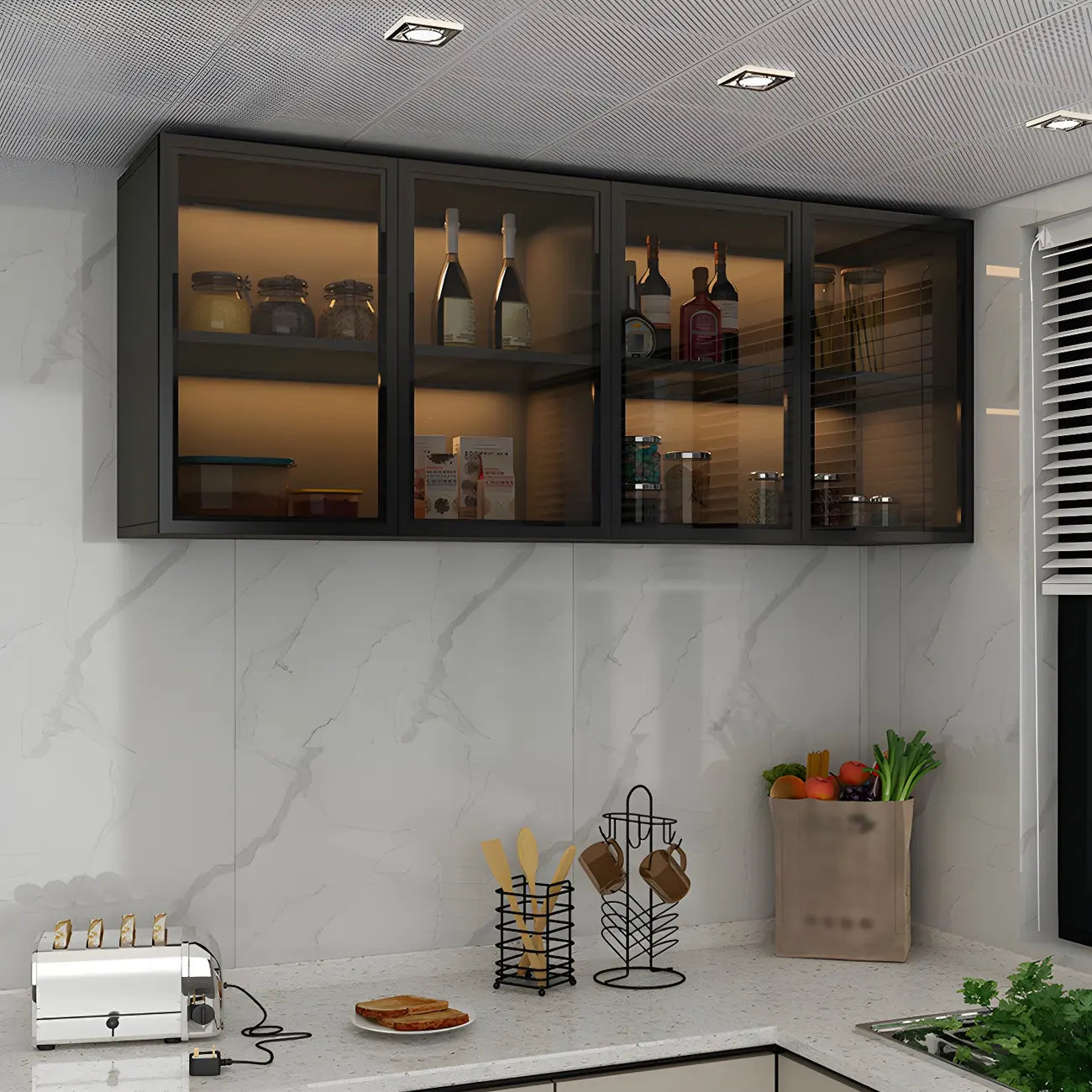 Grey Wood Floating Mount Glass Dooor Kitchen China Cabinet