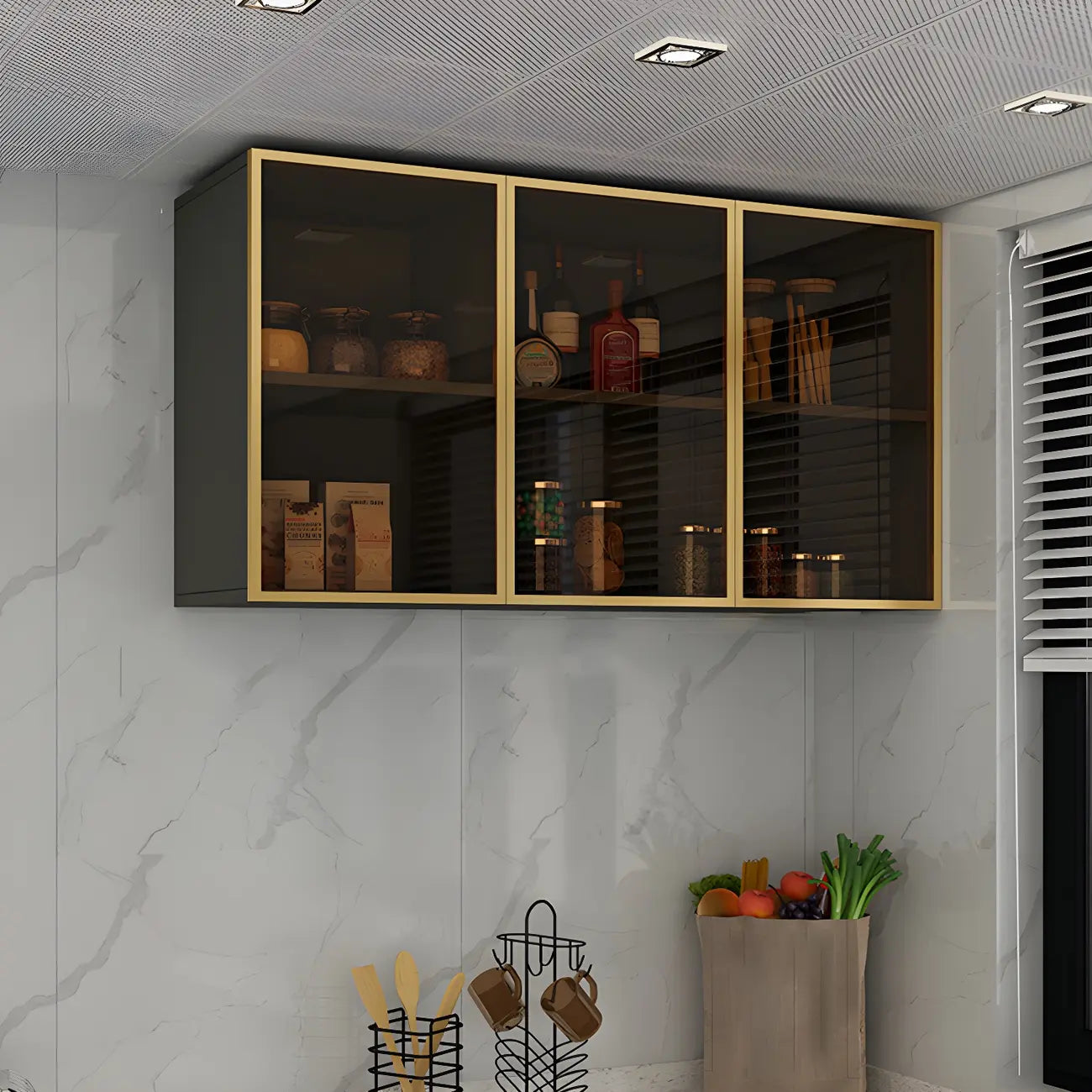 Grey Wood Floating Mount Glass Dooor Kitchen China Cabinet