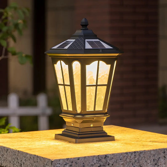 Vintage Hammered Pane Solar Black Outdoor Post Lights