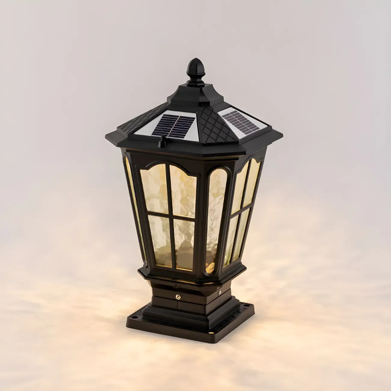 Vintage Hammered Pane Solar Black Outdoor Post Lights