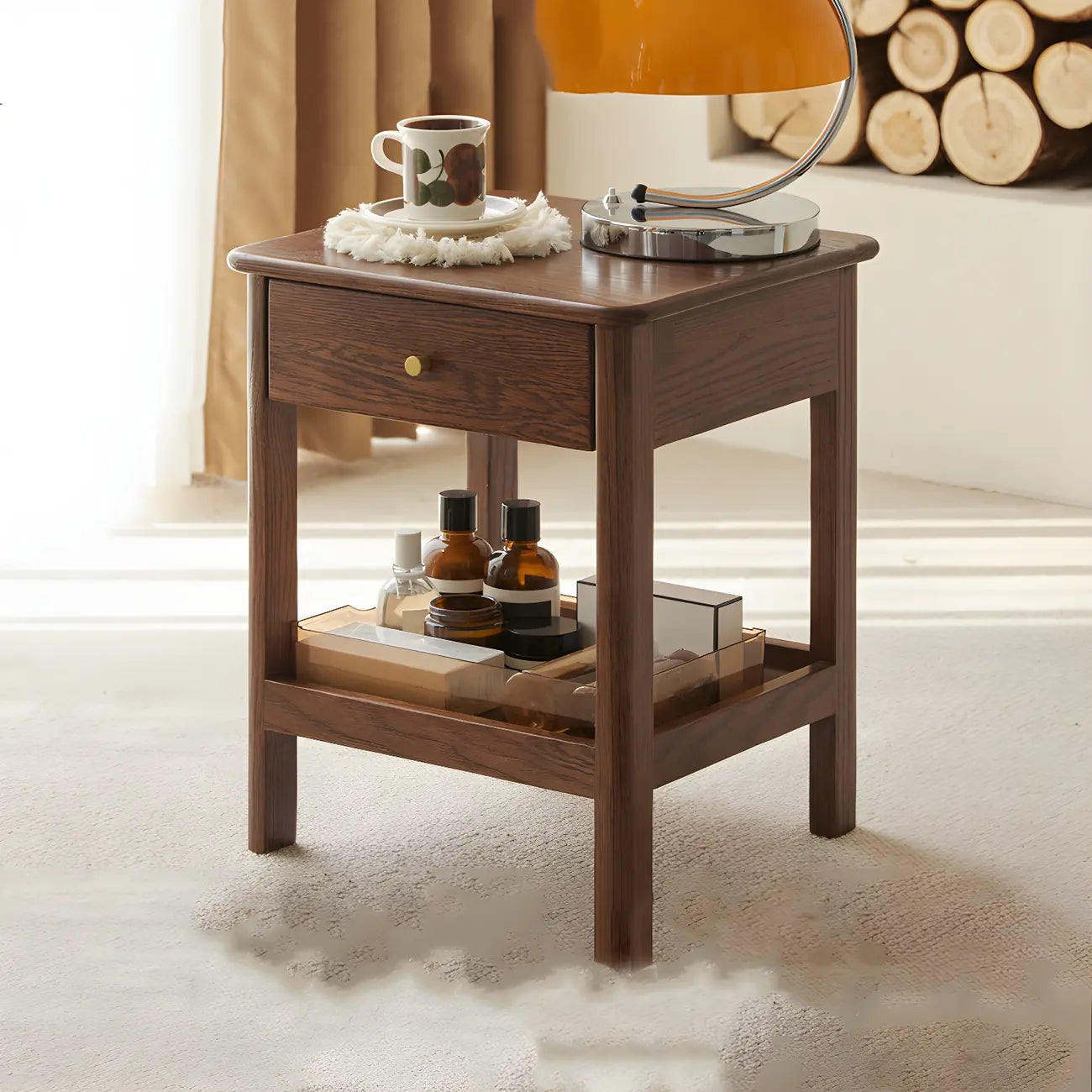 Traditional Narrow Brown Solid Wood Nightstand with Storage