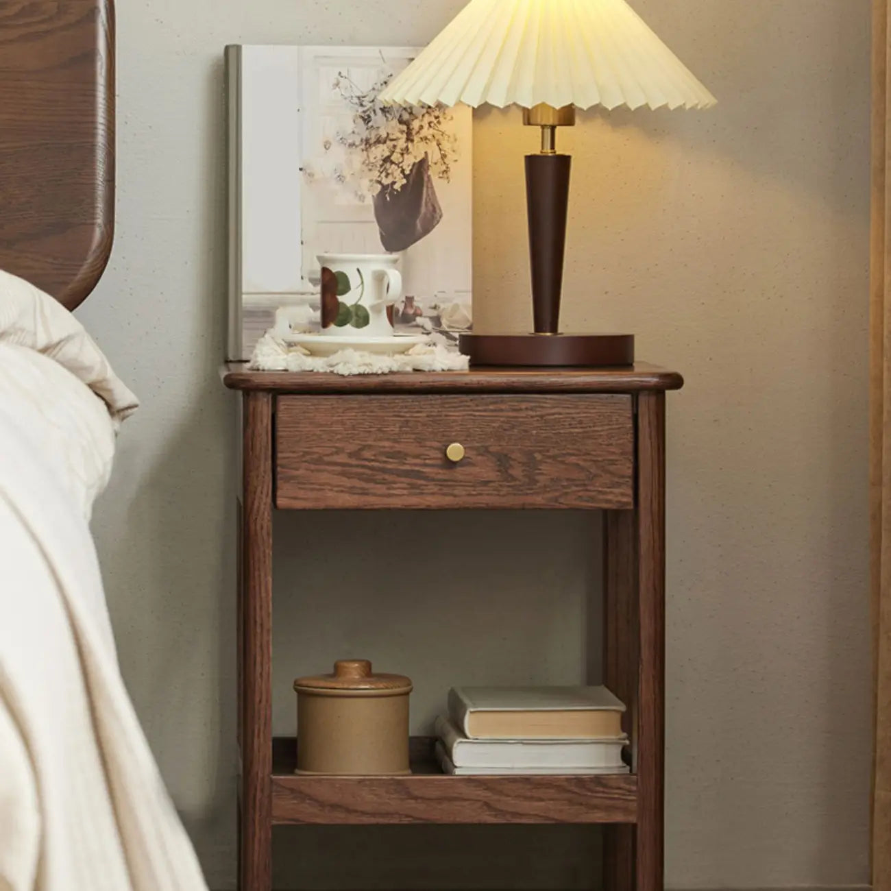 Traditional Narrow Brown Solid Wood Nightstand with Storage