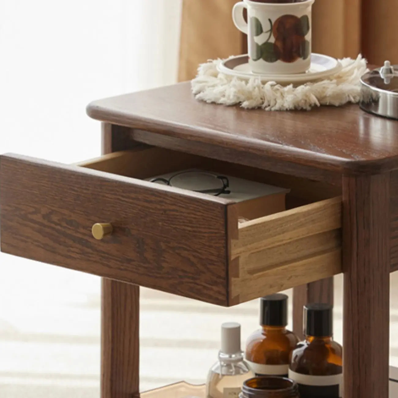 Traditional Narrow Brown Solid Wood Nightstand with Storage