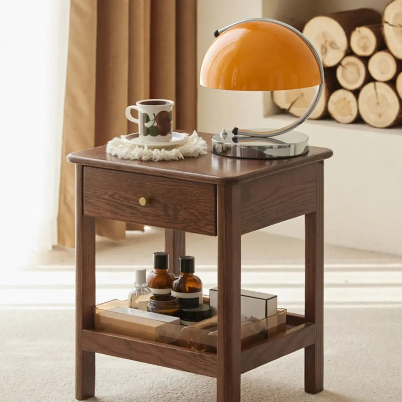Traditional Narrow Brown Solid Wood Nightstand with Storage