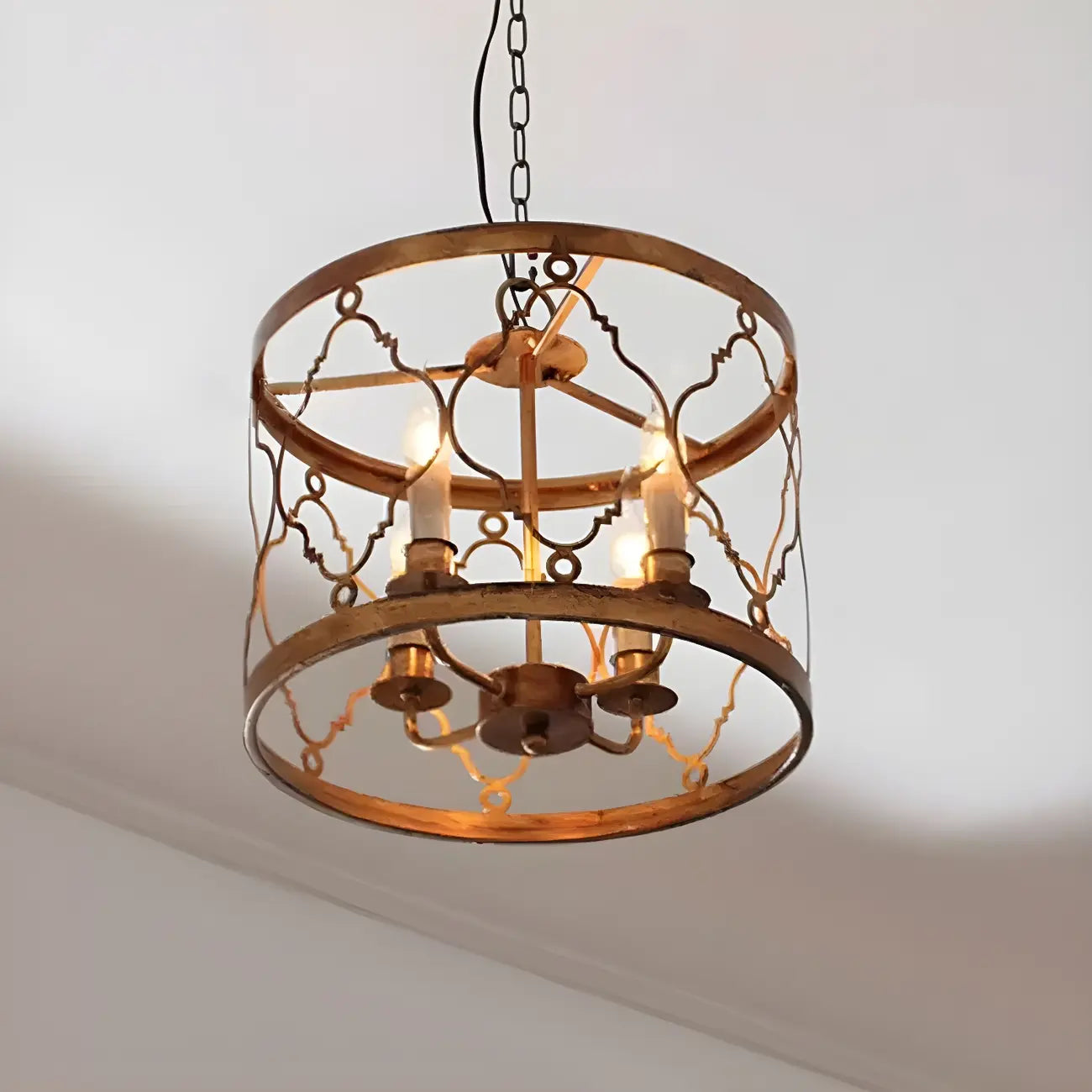 Vintage Golden Drum Cage 4-Light Candelabra Chandelier