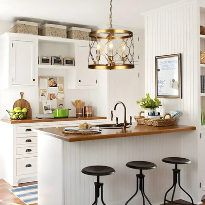 Vintage Golden Drum Cage 4-Light Candelabra Chandelier