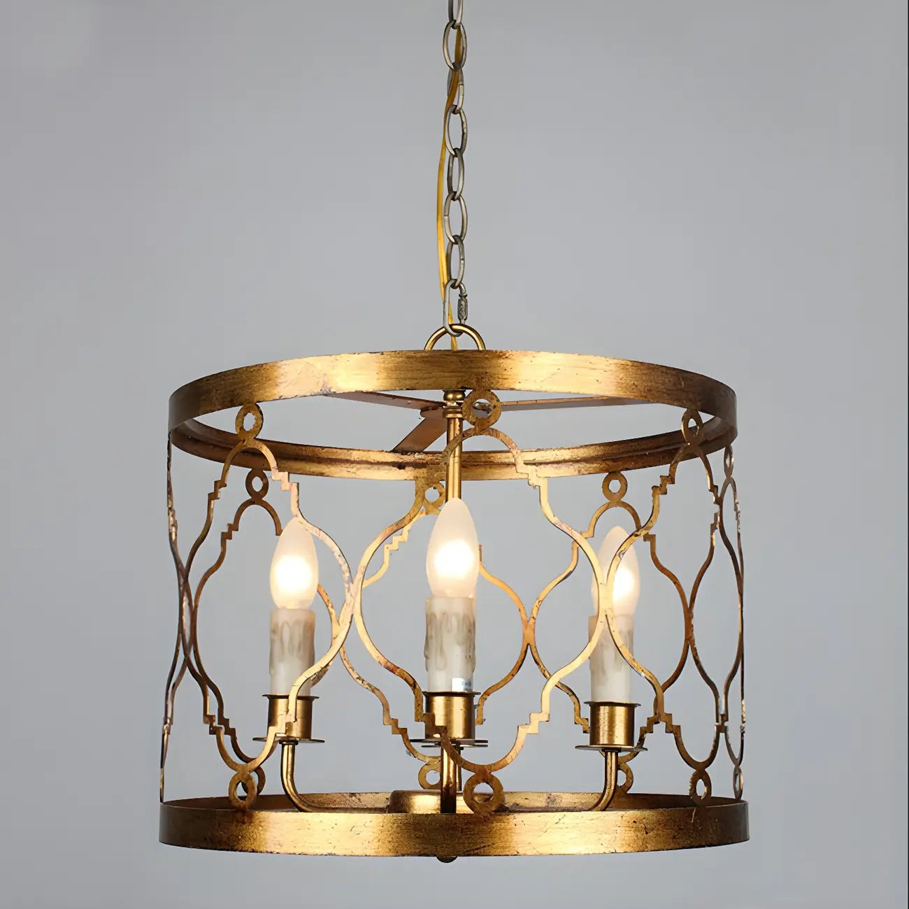 Vintage Golden Drum Cage 4-Light Candelabra Chandelier