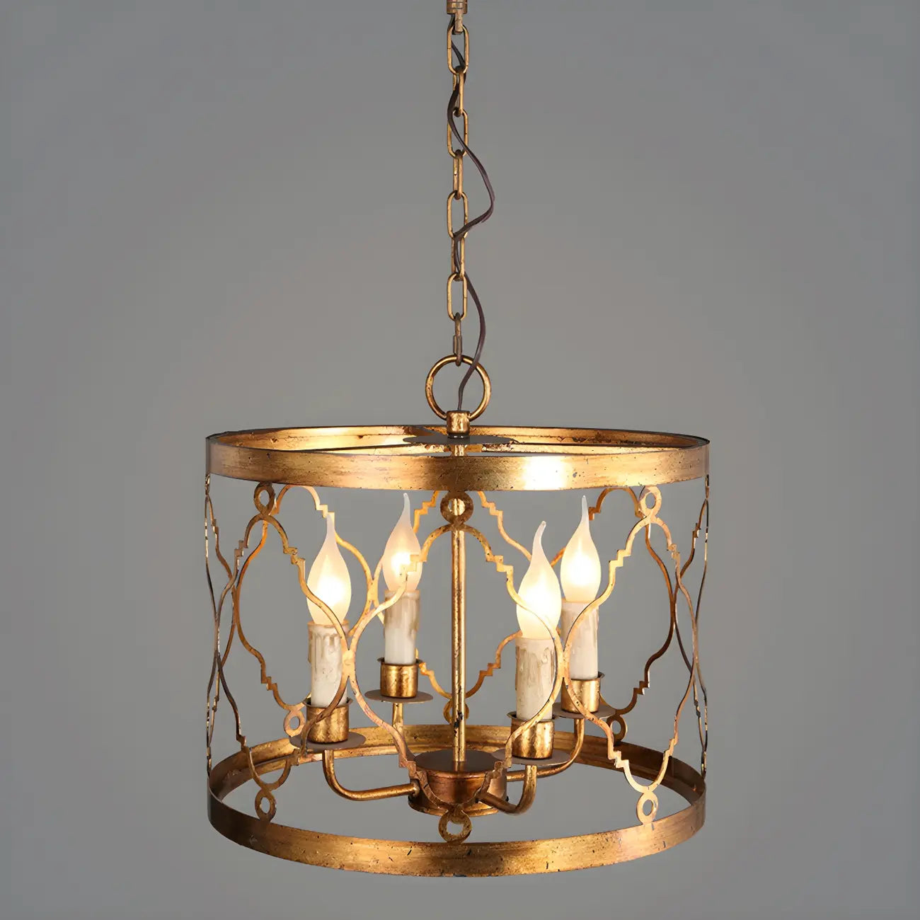 Vintage Golden Drum Cage 4-Light Candelabra Chandelier