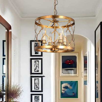 Vintage Golden Drum Cage 4-Light Candelabra Chandelier